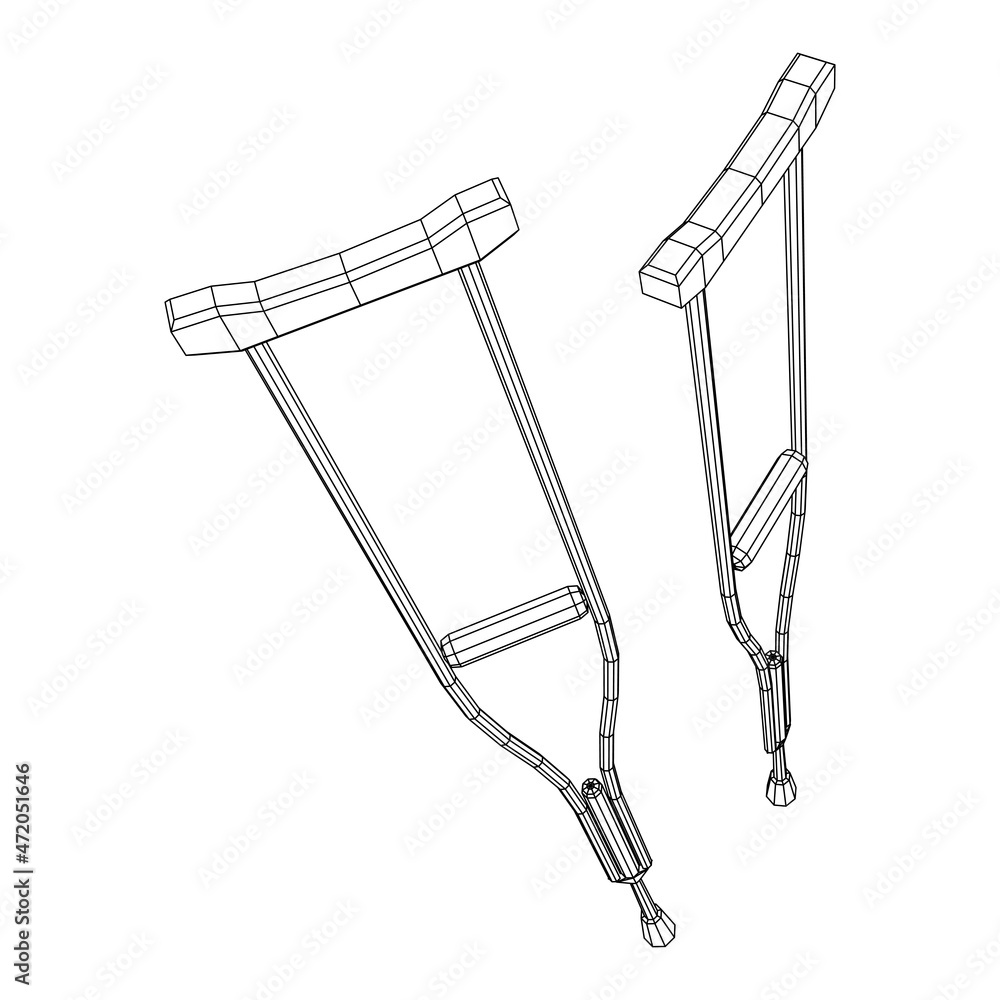 Crutches medical walking sticks for rehabilitation of broken leg. Treatment of people with leg injuries. Wireframe low poly mesh vector illustration.