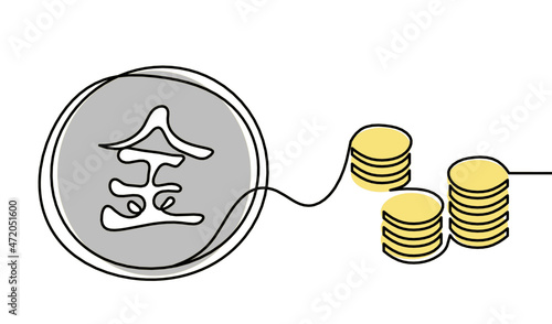 Abstract color element of metal with coins in feng shui as line drawing on the white background