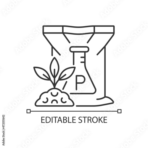 Phosphorus fertilizer linear icon. Chemical supplement for ground. Inorganic feeding. Thin line customizable illustration. Contour symbol. Vector isolated outline drawing. Editable stroke