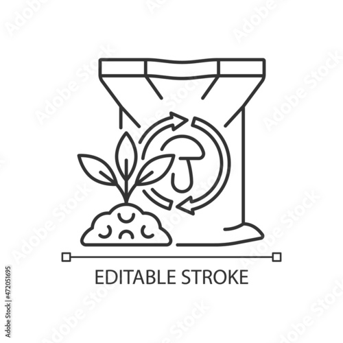 Mushroom manure linear icon. Organic supplement for plants. Natural substrate. Compost additive. Thin line customizable illustration. Contour symbol. Vector isolated outline drawing. Editable stroke