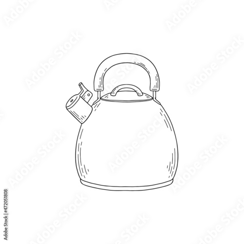 Doodle steel round kettle with whistle. Vector sketch illustration of kitchen utensils isolated on white background.