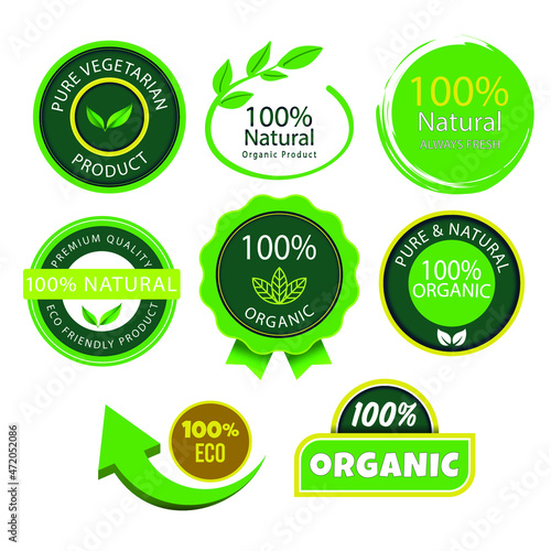 100% Natural Eco Labels Collection of Organic Badges Flat Vector