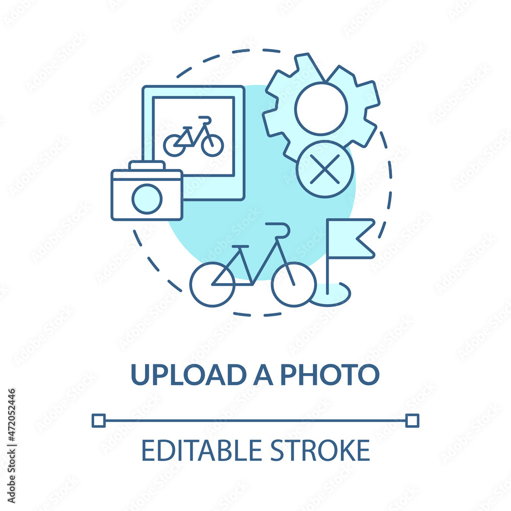 Upload photo blue concept icon. Bike sharing usage abstract idea thin line illustration. Maintain good e-bike state. Bike damages absence. Vector isolated outline color drawing. Editable stroke Upload photo blue concept icon. Bike sharing usage abstract idea thin line illustration. Maintain good e-bike state. Bike damages absence. Vector isolated outline color drawing. Editable stroke