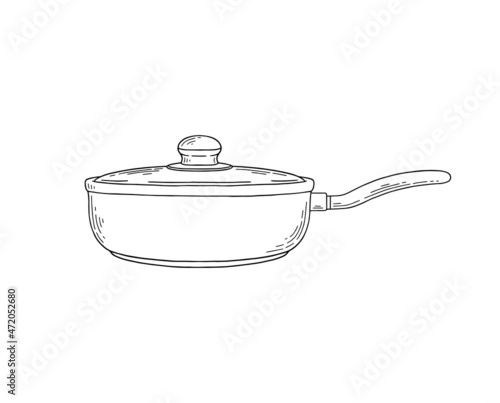 Cooking frying pan or saucepan with lid, sketch vector illustration isolated.
