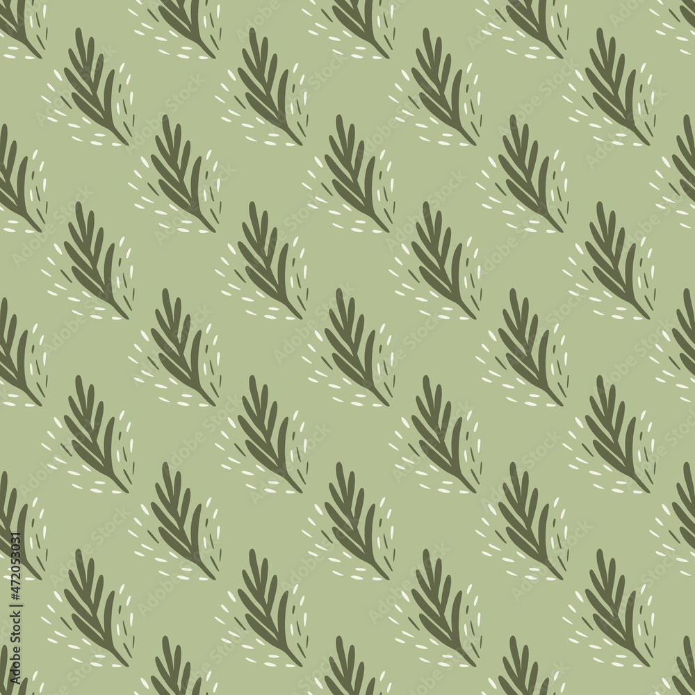 Seamless pattern fir twig on light green background. Vector geometric template in doodle style. Christmas forest texture.
