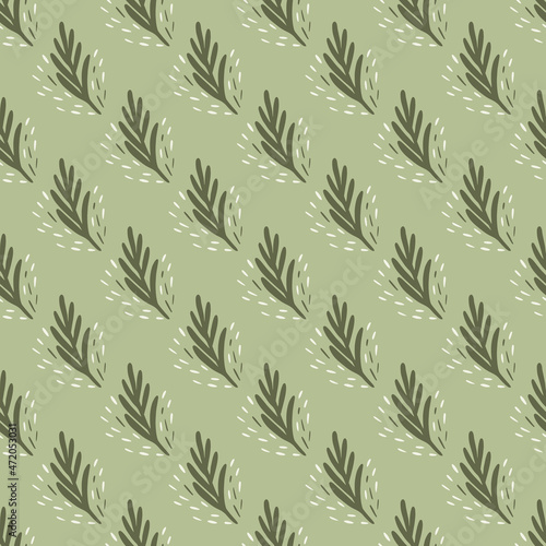 Seamless pattern fir twig on light green background. Vector geometric template in doodle style. Christmas forest texture.