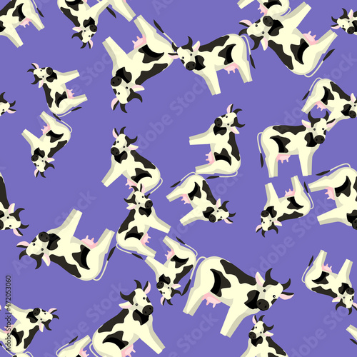 Seamless pattern cow on violet background. Texture of farm animals for any purpose.