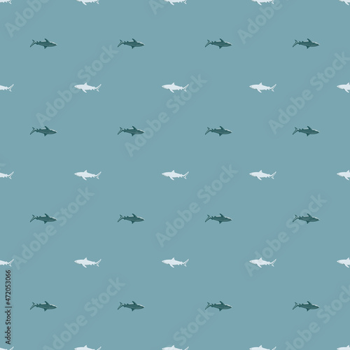 Seamless pattern Tiger shark pastel blue background. Gray and white textured of marine fish for any purpose.
