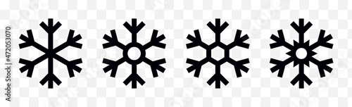 Snowflakes black icons set vector. Isolated winter snowflake symbols on background. Decorative christmas snow-flake sign. Flat design vector illustration.