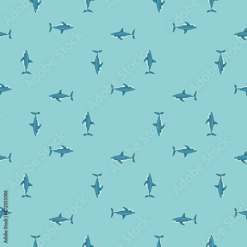 Seamless pattern shark on turquoise background. Texture of marine fish for any purpose.
