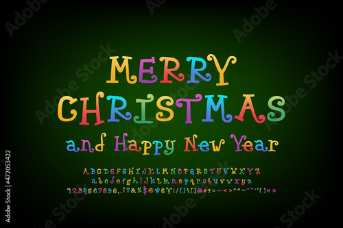 Decorative card Merry Christmas and Happy New Year. Multicolor curly font on dark-green background