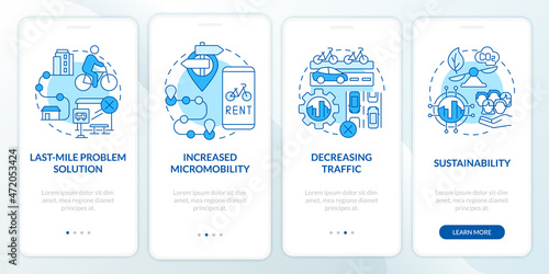Scooter sharing advantages onboarding mobile app page screen. Improved micromobility walkthrough 4 steps graphic instructions with concepts. UI, UX, GUI vector template with linear color illustrations