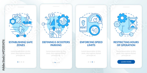 Bike sharing regulations onboarding mobile app page screen. Establishing safe areas walkthrough 4 steps graphic instructions with concepts. UI, UX, GUI vector template with linear color illustrations
