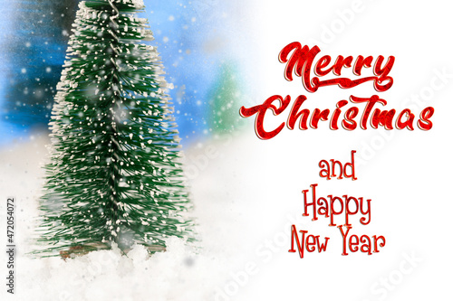 greeting merry christmas card, winter forest, artificial spruce