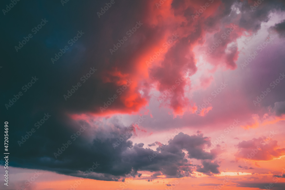 Amazing Natural Bright Dramatic Sky In Different Colours During Rain In Sunset Sunrise Time. Colorful Sky Background. Beauty In Nature