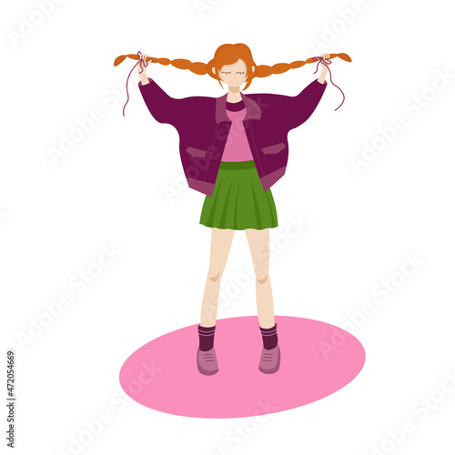 Pippi long stocking, redhead girl with pigtails, vector graphics