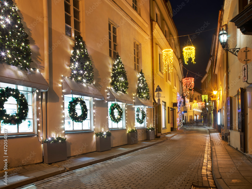 Holiday decorations of Stikliu street in Vilnius. Lithuania