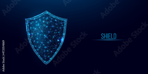 Guard shield. Cyber security concept with glowing low poly shield on dark blue background. Wireframe low poly design. Abstract futuristic vector illustration.