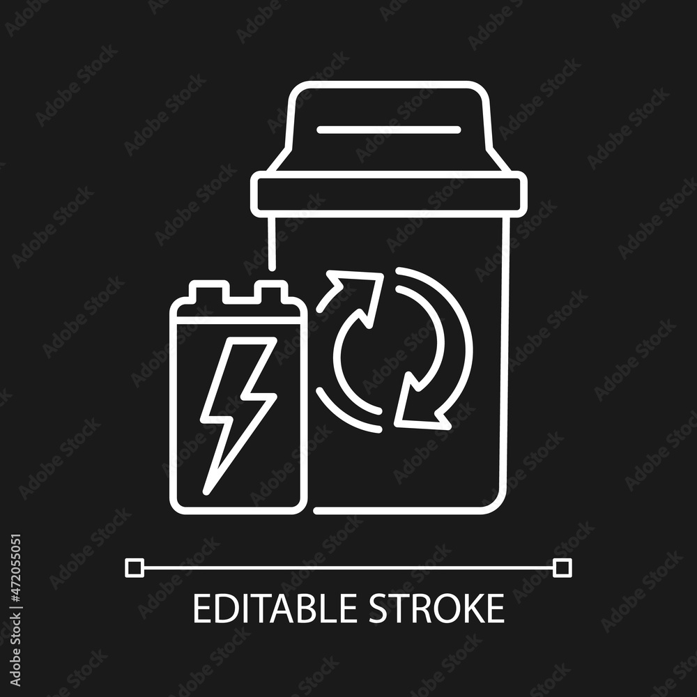 Container for battery disposal white linear icon for dark theme. Electronic waste recycling. Thin line customizable illustration. Isolated vector contour symbol for night mode. Editable stroke Container for battery disposal white linear icon for dark theme. Electronic waste recycling. Thin line customizable illustration. Isolated vector contour symbol for night mode. Editable stroke