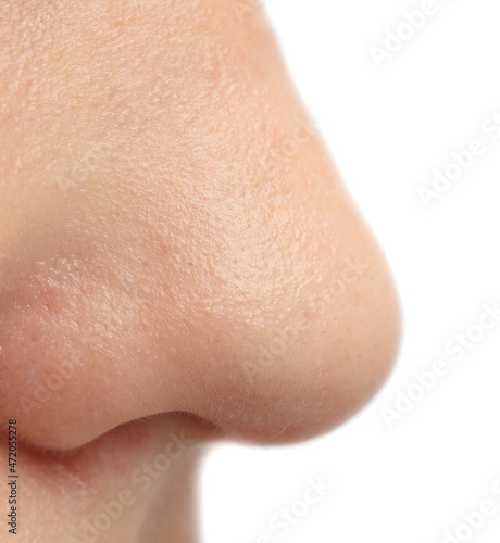 Boy s nose on a white background.