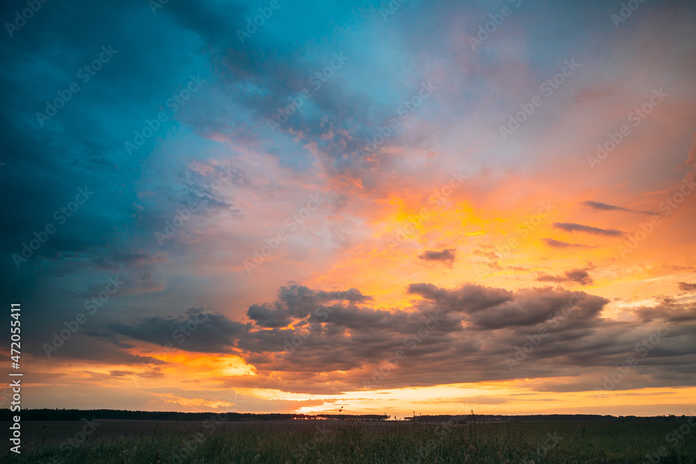 Fototapeta premium Spring Summer Meadow At Evening Sunset Sunrise. Natural Bright Dramatic Sky In Different Colours Above Countryside Meadow Landscape. Agricultural Landscape In May