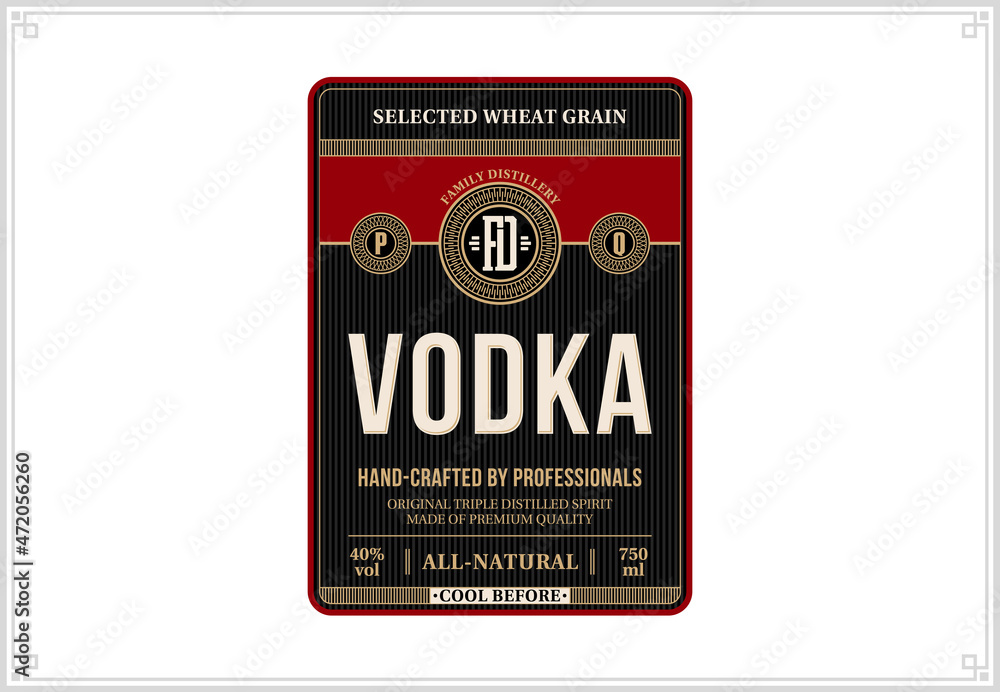 Fototapeta premium Vector black and red vodka label. Distilling business branding and identity design elements