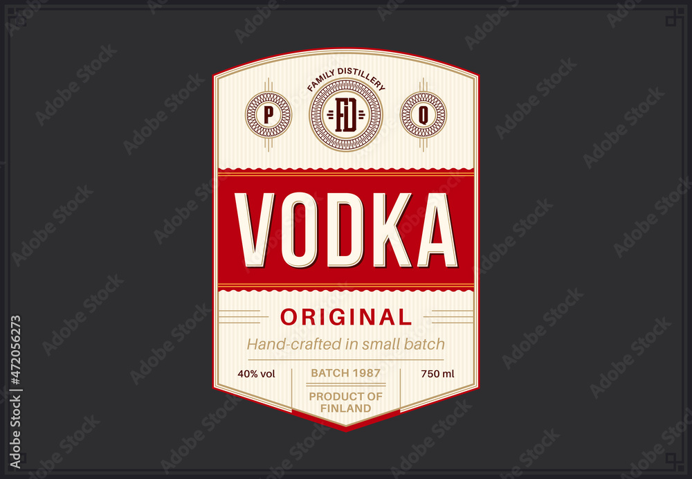 Vector beige and red vodka label template. Distilling business branding and identity design elements - obrazy, fototapety, plakaty 