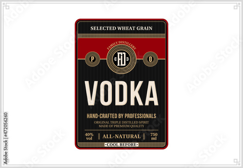 Vector black and red vodka label. Distilling business branding and identity design elements