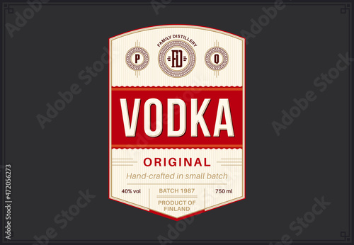 Vector beige and red vodka label template. Distilling business branding and identity design elements