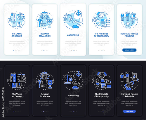 Neuroscience principles onboarding mobile app page screen. Decoy effect walkthrough 5 steps graphic instructions with concepts. UI  UX  GUI vector template with linear night and day mode illustrations