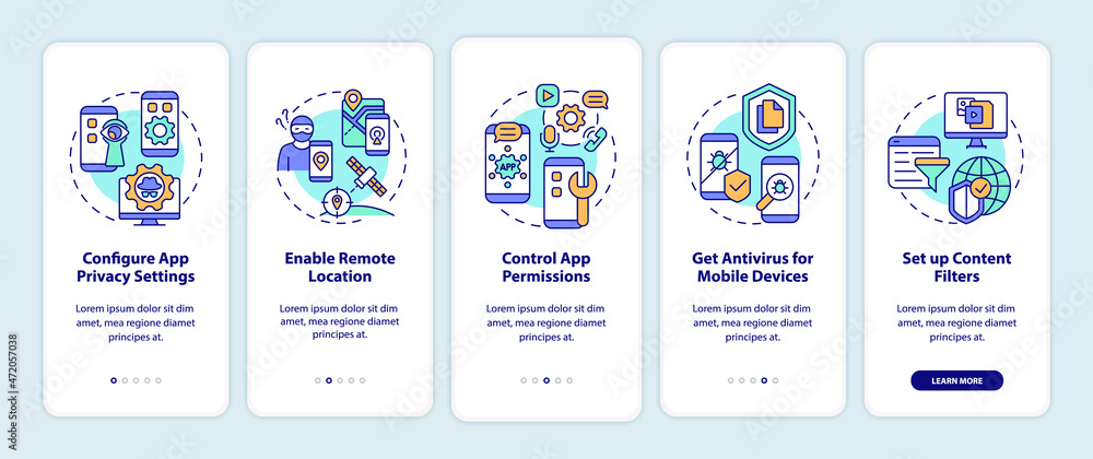 Privacy in internet tips onboarding mobile app page screen. Information protect walkthrough five steps graphic instructions with concepts. UI, UX, GUI vector template with linear color illustrations