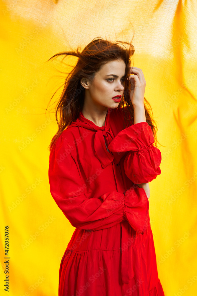 pretty woman in red dress nature yellow cloth on background pretty woman in red dress nature yellow cloth on background