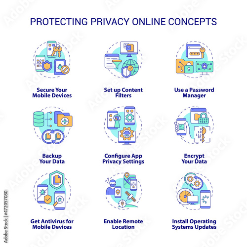Protecting privacy online concept icons set. Personal data internet safety idea thin line color illustrations. Tips to save information from hackers. Vector isolated outline drawings