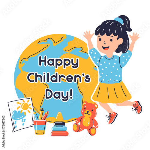Happy children day greeting card. Illustration of jumping smiling girl. Child in cartoon style.