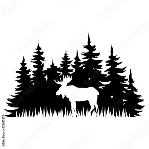 Moose In Forest vector. Moose illustration sign. Moose Scene symbol or logo.