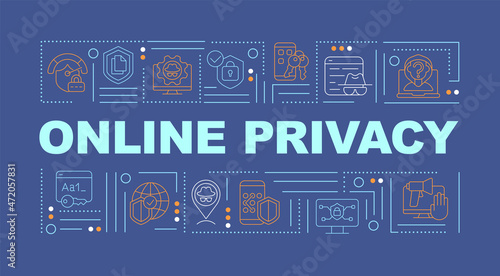 Privacy online and data security in internet word concepts banner. Infographics with linear icons on blue background. Isolated creative typography. Vector outline color illustration with text