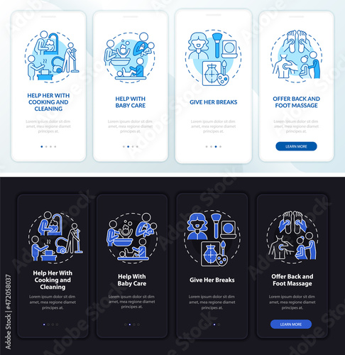 Family support onboarding mobile app page screen. Help with baby care walkthrough 4 steps graphic instructions with concepts. UI, UX, GUI vector template with linear night and day mode illustrations