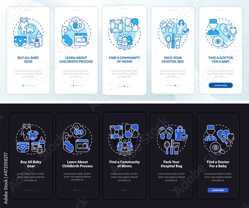 Expecting baby onboarding mobile app page screen. Buy all baby gear walkthrough 5 steps graphic instructions with concepts. UI, UX, GUI vector template with linear night and day mode illustrations