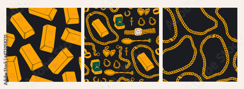 Golden stuff. Precious jewelry concept. Gold bar, earrings, heart shaped locket, engagement ring, wrist watch, golden chain, bracelet, cross, spoon. Set of three Hand drawn Vector seamless Patterns