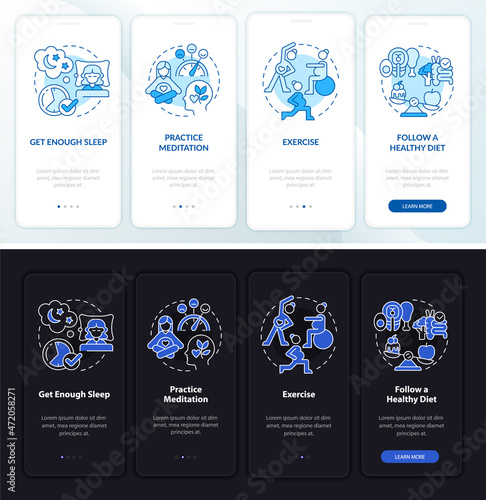 Mental wellbeing onboarding mobile app page screen. Practice meditation walkthrough 4 steps graphic instructions with concepts. UI, UX, GUI vector template with linear night and day mode illustrations