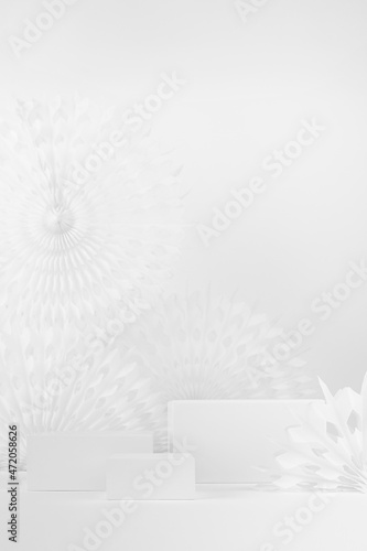 Fashion minimal modern asian style scene with rectangle podiums mockup as showcase for displaying  presentation cosmetic product  goods with carved circle folded ribbed paper fans as decor  vertical.