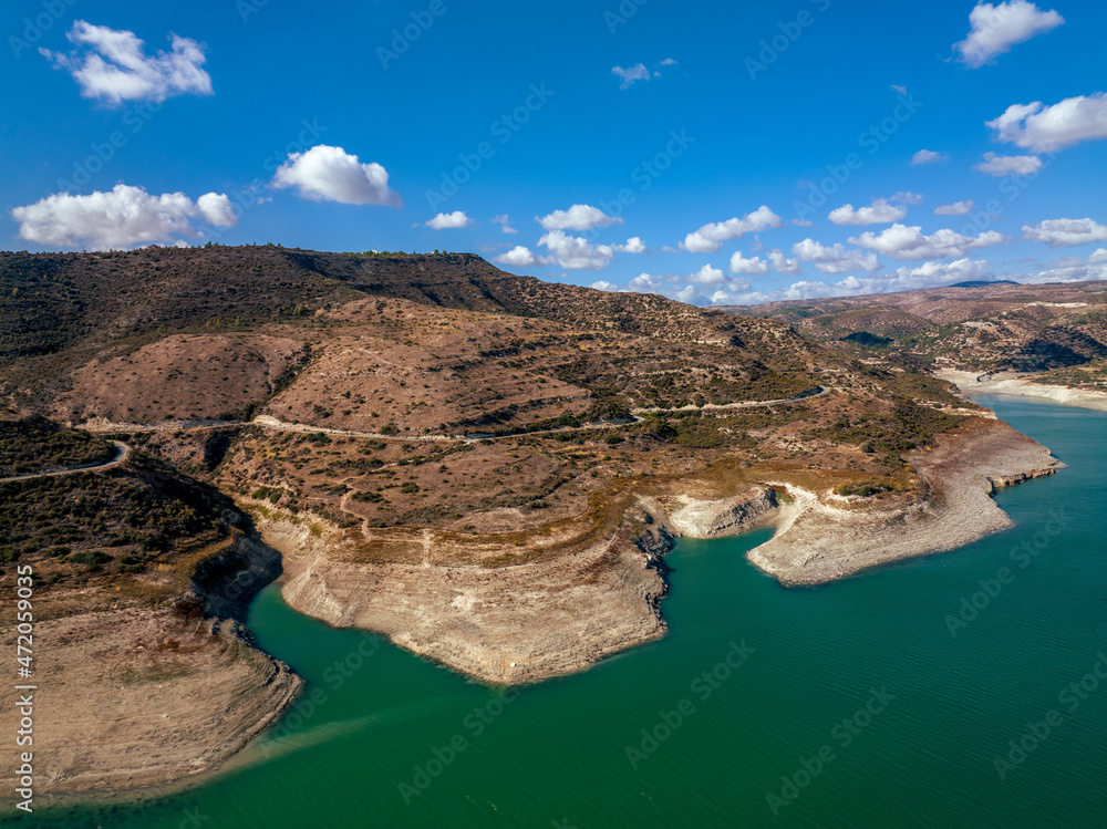 Cyprus - Water reservoir at the mountains from drone view