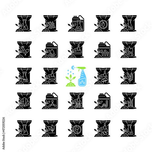 Fertilizers type black glyph icons set on white space. Organic and chemical supplements. Soil and plants additives. Growth increasing. Silhouette symbols. Vector isolated illustration