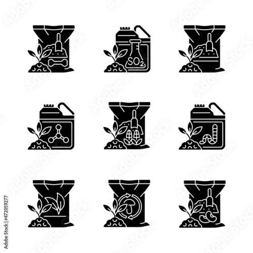 Natural fertilizers black glyph icons set on white space. Organic additives for ground and plants. Growth and thrive increasing. Feeding, supplement. Silhouette symbols. Vector isolated illustration