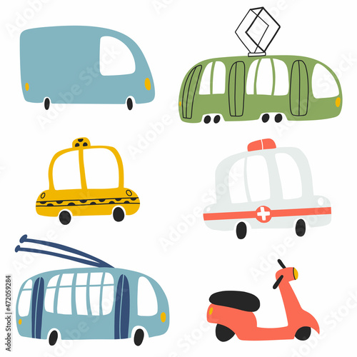 Vector illustration of tram, minibus, taxi, ambulance, trolley, scooter isolated on white background in cartoon hand drawn style. Childish transport icon for nursery, baby apparel, textile and product