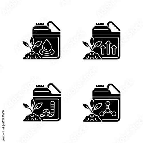 Liquid supplements black glyph icons set on white space. Fluid fertilizer for ground and roots. Organic and chemical additives. Minerals, elements. Silhouette symbols. Vector isolated illustration