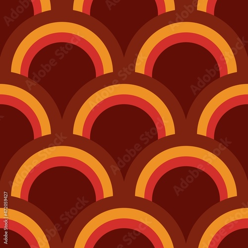 Rounded geometric shapes. Abstract Arch. Vector EPS 10. Colorful digital illustration for textile design, packaging design. Wrapping paper print. Seamless pattern. Graphic design. 70s funk style. 
