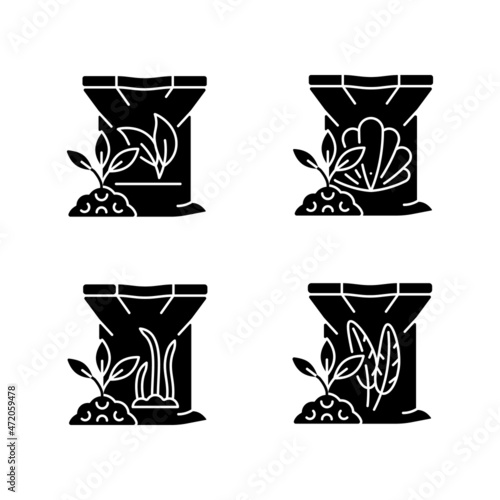 Natural plant meal black glyph icons set on white space. Shell And feather powder. Byproduct used as additive. Plant growth booster. Silhouette symbols. Vector isolated illustration
