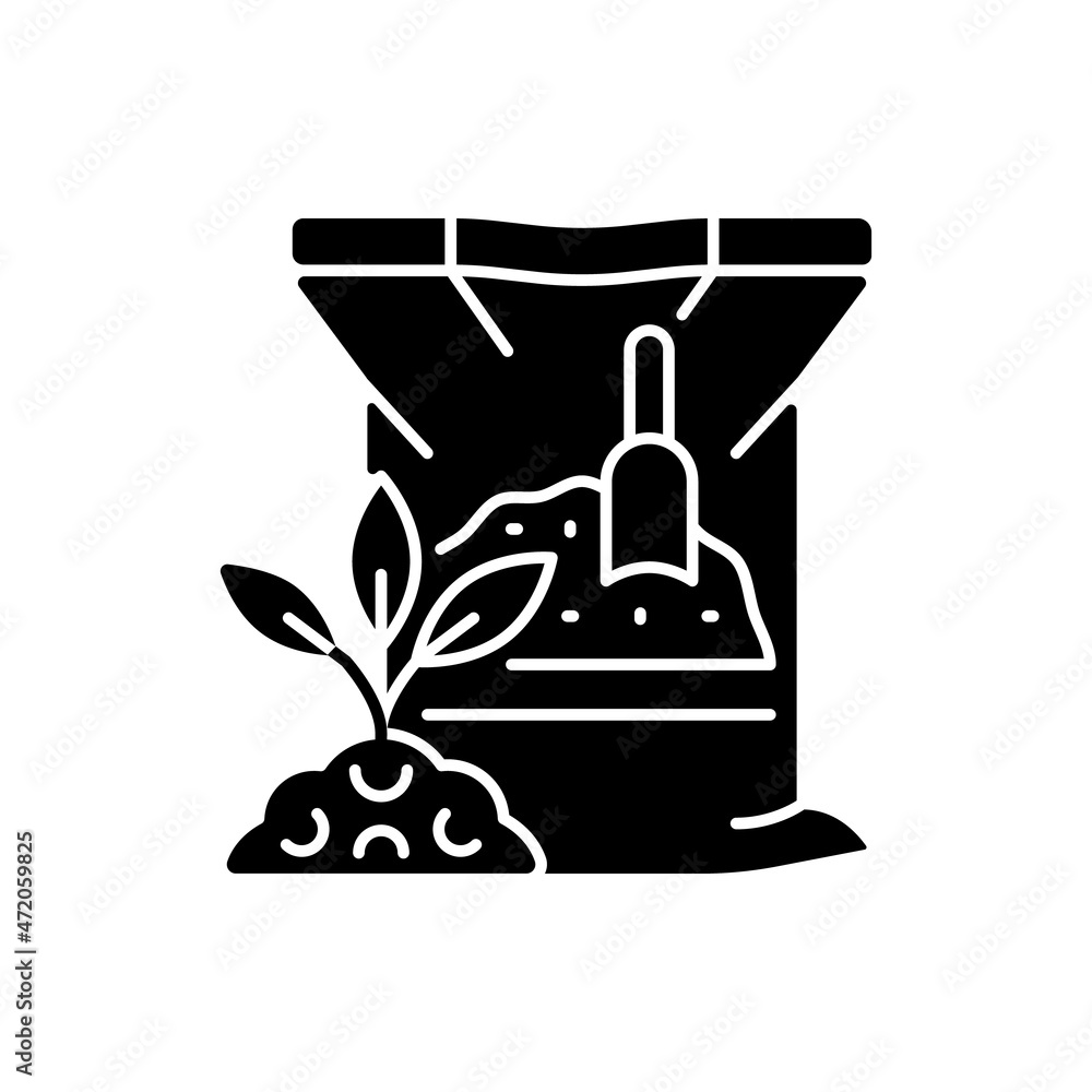 Dry fertilizer black glyph icon. Mixture of supplements for plants and crops. Chemical and organic nutrients. Growth increasing. Silhouette symbol on white space. Vector isolated illustration Dry fertilizer black glyph icon. Mixture of supplements for plants and crops. Chemical and organic nutrients. Growth increasing. Silhouette symbol on white space. Vector isolated illustration