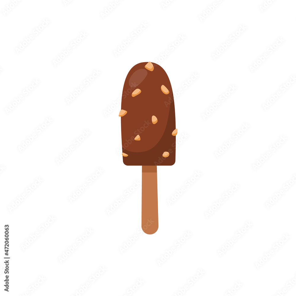 Chocolate ice cream on wooden stick with nut pieces, flat vector illustration isolated on white background. Chocolate ice cream on wooden stick with nut pieces, flat vector illustration isolated on white background.